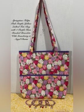 SPRINGTIME TULIPS QUILTED TOTE BAG W/PURPLE GLASS BEAD BRACELETS & CHARMS 4PC